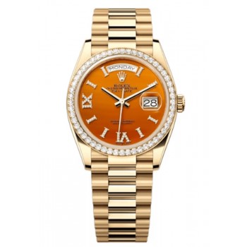 Réplique Montre Rolex Day-Date en or jaune cornaline sertie de diamants romains pour femme M128348RBR-0049