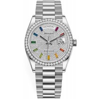 Réplique Montre Rolex Day-Date en or blanc avec cadran pavé de diamants et lunette en diamant pour femme M128349RBR-0006