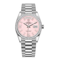 Réplique Rolex Day-Date Or blanc Opale rose serti de diamants Cadran romain Lunette en diamant Montre pour femme M128349RBR-0008