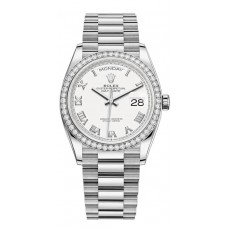 Réplique Montre Rolex Day-Date en or blanc avec cadran romain blanc et lunette en diamant pour femme M128349RBR-0025