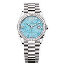 Réplique Montre Rolex Day-Date en or blanc et turquoise avec cadran serti de diamants et lunette en diamants pour femme M128349RBR-0031