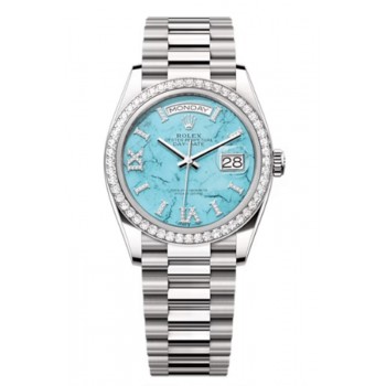 Réplique Montre Rolex Day-Date en or blanc et turquoise avec cadran serti de diamants et lunette en diamants pour femme M128349RBR-0031