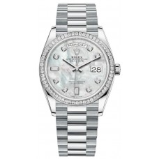 Réplique Montre pour femme Rolex Day-Date en platine avec cadran en nacre et diamant et lunette en diamant M128396TBR-0005