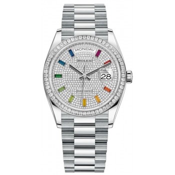 Réplique Montre pour femme Rolex Day-Date en platine pavé de diamants avec cadran en diamant et lunette M128396TBR-0006