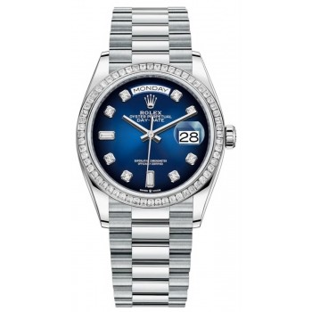 Réplique Montre pour femme Rolex Day-Date Platinum Blue Ombre avec cadran en diamant et lunette en diamant M128396TBR-0008