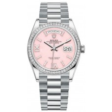 Réplique Montre Rolex Day-Date platine rose opale sertie de diamants cadran romain lunette diamant pour femme M128396TBR-0009