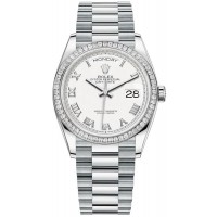 Réplique Montre Rolex Day-Date pour femme avec cadran blanc platine et lunette en diamant M128396TBR-0010