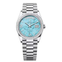 Réplique Montre pour femme Rolex Day-Date platine turquoise sertie de diamants cadran romain lunette diamant M128396TBR-0016