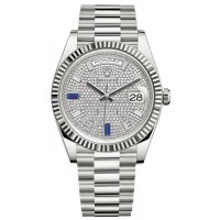 Réplique Montre pour homme Rolex Day-Date 40 en or blanc 18 carats avec cadran pavé de diamants et de saphirs M228239-0049