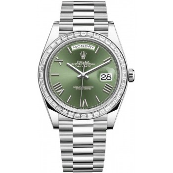 Réplique Montre pour homme Rolex Day-Date 40 platine avec cadran vert olive et lunette en diamant M228396TBR-0020