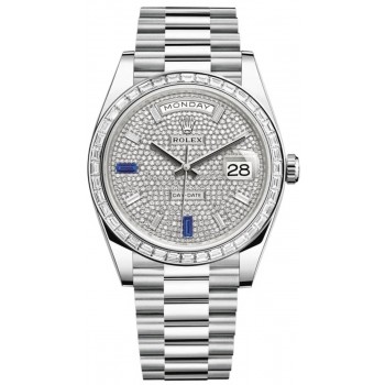 Réplique Rolex Day-Date 40 Cadran pavé de diamants en platine avec lunette en diamant saphirs Montre pour homme M228396TBR-0021