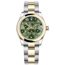 Réplique Montre pour femme Rolex Datejust 31 en acier inoxydable et or jaune avec cadran diamant vert olive et motif floral M278243-0031