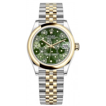 Réplique Montre pour femme Rolex Datejust 31 en acier inoxydable et or jaune avec cadran diamant vert olive et motif floral M278243-0032