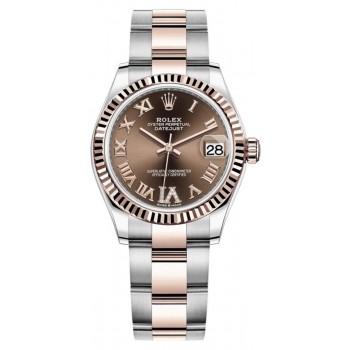 Réplique Montre Rolex Datejust 31 en acier inoxydable et pavé de chocolat en or rose pour femme avec cadran romain m278271-0003