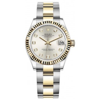 Réplique Montre pour femme Rolex Datejust 31 en acier inoxydable et or jaune et cadran diamant argenté M278273-0019