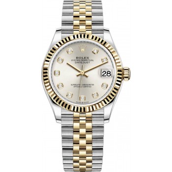 Réplique Montre pour femme Rolex Datejust 31 en acier inoxydable et or jaune et cadran diamant argenté M278273-0020