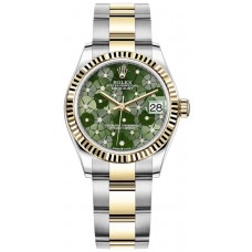 Réplique Montre pour femme Rolex Datejust 31 en acier inoxydable et or jaune avec cadran diamant vert olive et motif floral M278273-0031