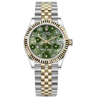 Réplique Rolex Datejust 31 Montre pour femme en acier inoxydable et or jaune à motif floral vert olive avec cadran diamant M278273-0032