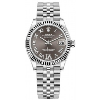 Réplique Montre pour femme Rolex Datejust 31 en acier inoxydable et or blanc avec cadran en diamant romain gris foncé M278274-0028