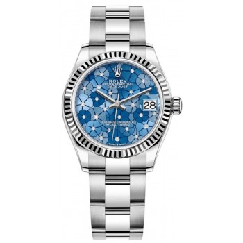 Réplique Montre pour femme Rolex Datejust 31 en acier inoxydable et or blanc avec cadran diamant azzuro-bleu-motif floral M278274-0035