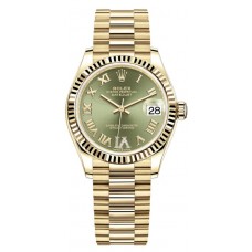 Réplique Montre Rolex Datejust 31 en or jaune avec pavé vert olive et cadran diamant romain pour femme M278278-0030