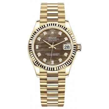 Réplique Montre pour femme Rolex Datejust 31 en or jaune et nacre noire avec cadran en diamant M278278-0038