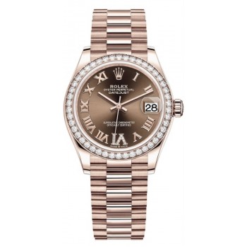 Réplique Rolex Datejust 31 Everose Gold Chocolate Pave Cadran romain Lunette en diamant Montre pour femme M278285RBR-0016