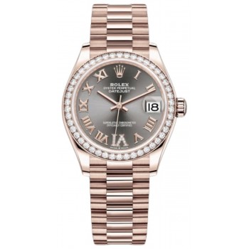 Réplique Rolex Datejust 31 Everose Gold Slate Diamond Pave Cadran romain Lunette en diamant Montre pour femme M278285RBR-0027