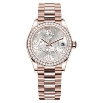 Réplique Rolex Datejust 31 Everose Or Argent Motif Floral Cadran Diamant Lunette Diamant Montre Femme M278285RBR-0036