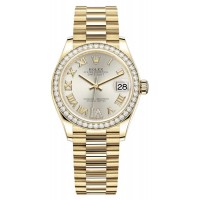 Réplique Rolex Datejust 31 Montre pour femme en or jaune et argent pavé de diamants romains avec lunette en diamant M278288RBR-0020