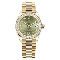 Réplique Rolex Datejust 31 Or jaune Pavé vert olive Cadran diamant romain Lunette diamant Montre pour femme M278288RBR-0024