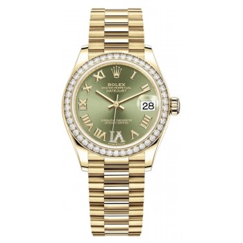 Réplique Rolex Datejust 31 Or jaune Pavé vert olive Cadran diamant romain Lunette diamant Montre pour femme M278288RBR-0024