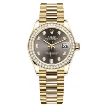 Réplique Montre pour femme Rolex Datejust 31 en or jaune avec cadran en diamant gris foncé et lunette en diamant M278288RBR-0030