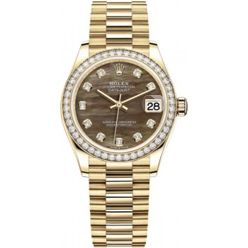 Réplique Montre pour femme Rolex Datejust 31 en or jaune et nacre noire avec cadran en diamant et lunette en diamant M278288RBR-0032