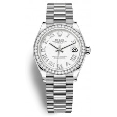 Réplique Montre Rolex Datejust 31 en or blanc avec cadran romain blanc et lunette en diamant pour femme M278289RBR-0007