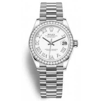 Réplique Montre Rolex Datejust 31 en or blanc avec cadran romain blanc et lunette en diamant pour femme M278289RBR-0007