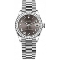 Réplique Montre Rolex Datejust 31 en or blanc et gris foncé avec cadran romain et lunette en diamant pour femme M278289RBR-0017