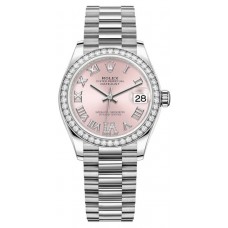 Réplique Montre Rolex Datejust 31 en or blanc et diamants roses avec cadran romain et lunette en diamant pour femme M278289RBR-0018