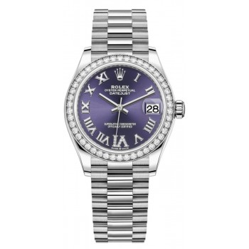 Réplique Montre pour femme Rolex Datejust 31 en or blanc aubergine pavé de diamants avec cadran romain et lunette en diamant M278289RBR-0019