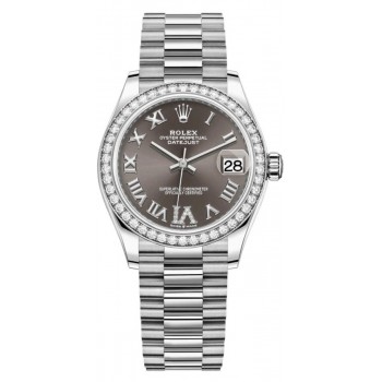 Réplique Rolex Datejust 31 Or blanc Gris foncé Pavé de diamants Cadran romain Lunette en diamant Montre pour femme M278289RBR-0020