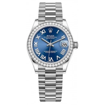 Réplique Montre pour femme Rolex Datejust 31 en or blanc et cadran romain bleu avec lunette en diamant M278289RBR-0023