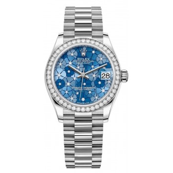 Réplique Montre pour femme Rolex Datejust 31 en or blanc Azzuro-bleu à motif floral et cadran diamant M278289RBR-0025