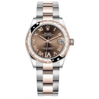 Réplique Rolex Datejust 31 Montre pour femme en acier inoxydable et pavé de chocolat en or rose avec cadran romain et lunette en diamant bombée M278341RBR-0003