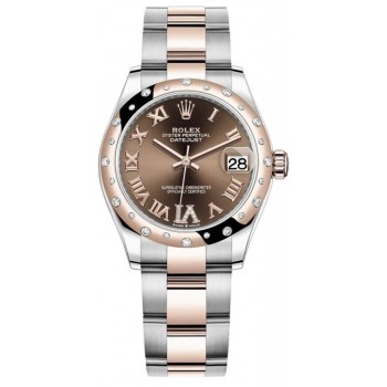 Réplique Rolex Datejust 31 Montre pour femme en acier inoxydable et pavé de chocolat en or rose avec cadran romain et lunette en diamant bombée M278341RBR-0003