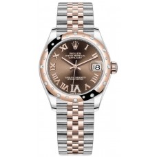 Réplique Rolex Datejust 31 Montre pour femme en acier inoxydable et pavé de chocolat en or rose avec cadran romain et lunette en diamant bombée M278341RBR-0004