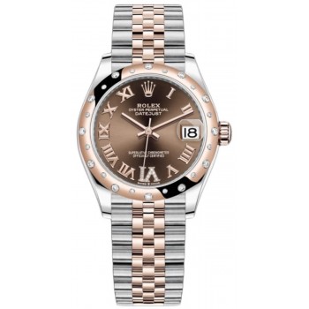 Réplique Rolex Datejust 31 Montre pour femme en acier inoxydable et pavé de chocolat en or rose avec cadran romain et lunette en diamant bombée M278341RBR-0004