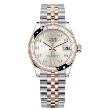 Réplique Rolex Datejust 31 Montre pour femme en acier inoxydable et or rose avec cadran diamant argenté et lunette bombée en diamant M278341RBR-0016