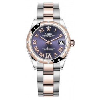 Réplique Montre pour femme Rolex Datejust 31 en acier inoxydable et or rose pavé d'aubergine avec cadran romain et lunette en diamant bombée M278341RBR-0019