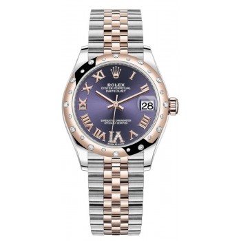 Réplique Montre pour femme Rolex Datejust 31 en acier inoxydable et or rose pavé d'aubergine avec cadran romain et lunette en diamant bombée M278341RBR-0020