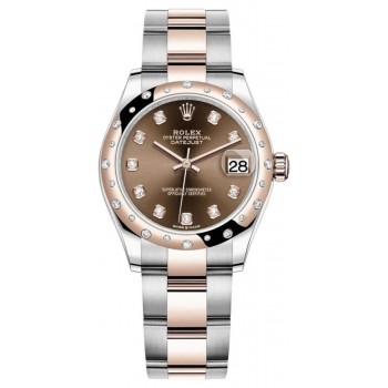 Réplique Rolex Datejust 31 Montre pour femme en acier inoxydable et or rose avec cadran diamant chocolat et lunette bombée en diamant M278341RBR-0027